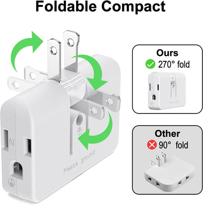 2-Prong/3-Prong Swivel Adapter, Polarized Grounding Converter with Flat Wall Plug, Fireproof 3-Outlet for Home Use (2 Pack)
