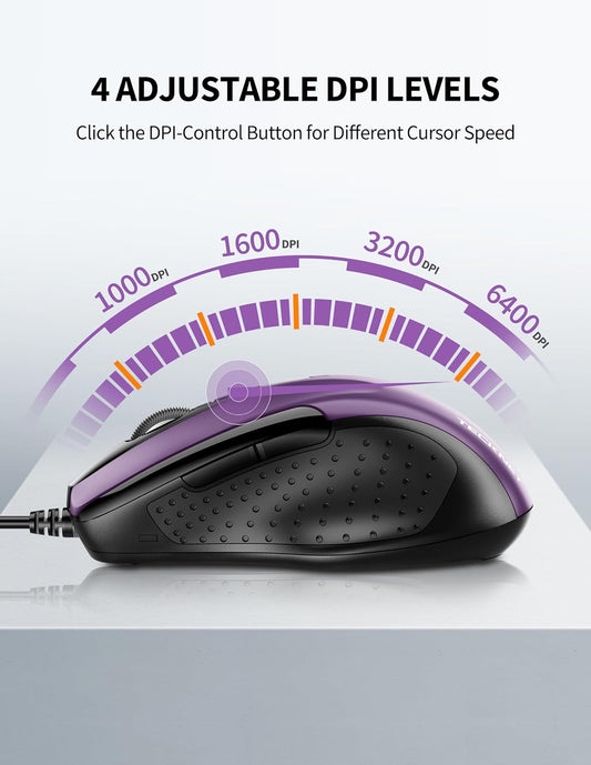 TECKNET USB Wired 6-Button Mouse With 4 Adjustable DPI, Optical Computer With Ergonomic Design and 5FT Cord for Laptop, Chromebook, PC, Desktop, Mac, Notebook - Purple