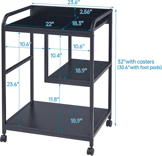 Printer Stand with Storage Shelf for Home Office Organization, 22 x 18 Inch Large Printer Table with Wheels, Shredder Stand, CPU Stand, Rolling Cart for Host Computer, PC Tower, Desktop- Black