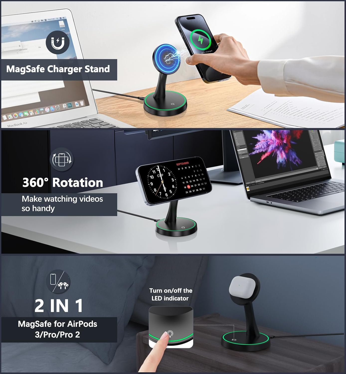 Magnetic Wireless Charger Stand 15W Fast Mag-Safe Charger for iPhone 16/16 Pro/16 Plus/16 Pro Max/15/14/13/12 Series Magnet Wireless Charging Station/Pad with Sleep-Friendly Light for AirPods