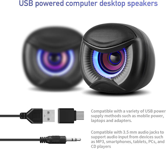USB Powered Computer Speakers with RGB Blue Lighting 2.0 Stereo Sound System, Headphone Jack, Plug and Play, Works with PC/Laptop (USB-C Adapter Included)