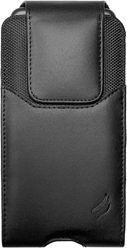Leather Cell Phone Holster for T-Mobile REVVLRY+, REVVL 4, AT&T Fusion Z, Motivate, Jitterbug Smart3, Kyocera DuraSport 5G - Vertical Case Waist Carrying Pouch with Belt Clip/Loops, Black