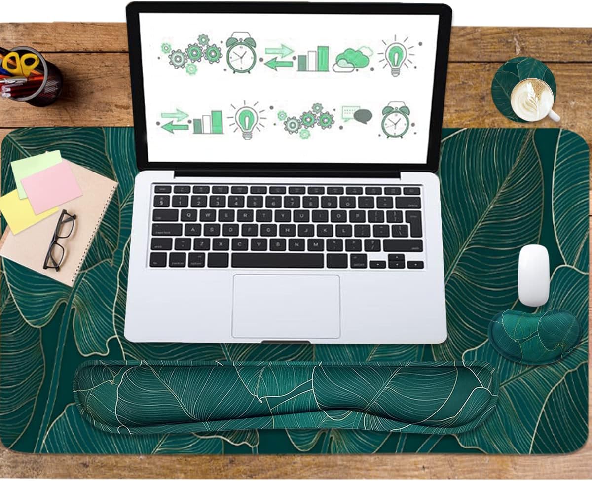 Ergonomic Large Mouse Pad and Keyboard Wrist Rest, Desk Pad for Keyboard and Mouse, 4-in-1 Large Gaming Mouse Pad with Wrist Support for Home Office Study Game-Green Leaves