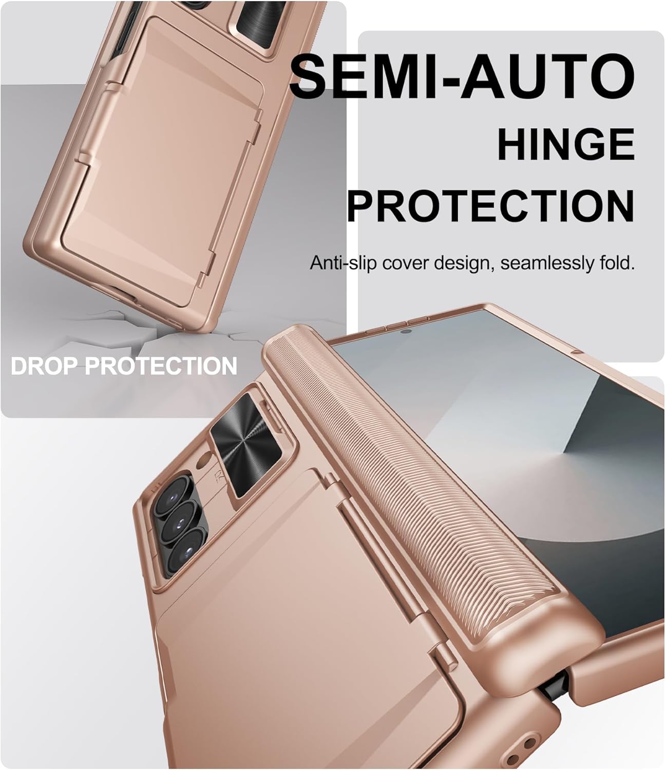for Samsung Galaxy Z Fold 6 Case with Card Holder & Hinge Protection & Screen Protector, Built-in Camera Lens Cover, Rugged Shockproof Phone Cover Case for Samsung Z Fold 6 5G 2024, Rose Gold