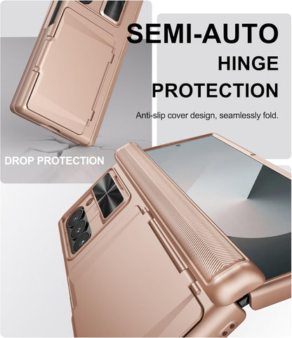 for Samsung Galaxy Z Fold 6 Case with Card Holder & Hinge Protection & Screen Protector, Built-in Camera Lens Cover, Rugged Shockproof Phone Cover Case for Samsung Z Fold 6 5G 2024, Rose Gold