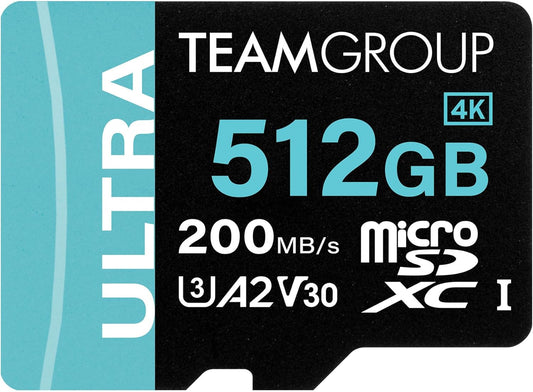 TEAMGROUP A2 Ultra Card 512GB Micro SDXC UHS-I U3 A2 V30, R/W up to 200/170 MB/s with Adapter TULMSDX512GIA2V3022503