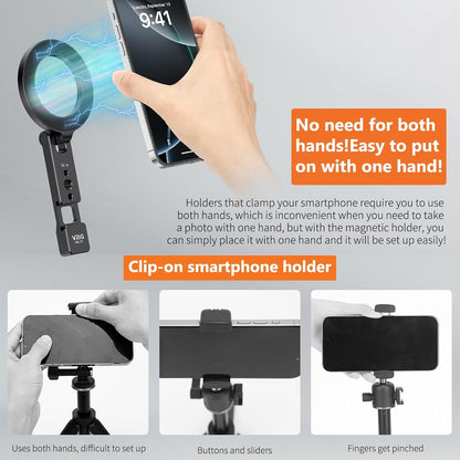 VRIG Magnetic Phone Holder Compatible with Magsafe for iPhone 16 15 14 13 12 Pro Max Plus Series,Aluminum Tripod Mount Adapter with 1/4”-20 & Cold Shoe for Video Recording