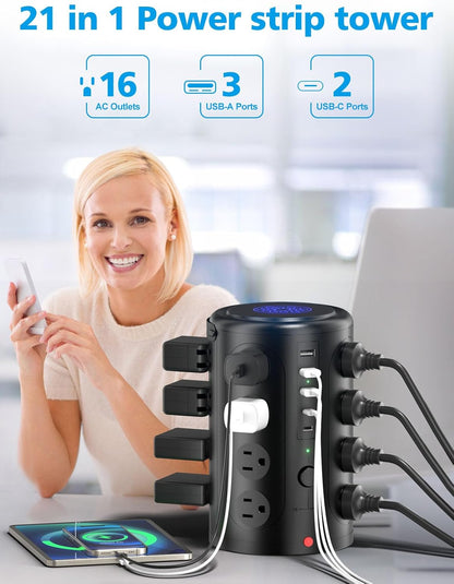Power Strip Tower Surge Protector with 16 Outlets and 5 USB Ports (2 USB-C), 20FT Extension Cord with Multiple Outlets,Heavy Duty Charging Station,Home Office Dorm Room Essentials.No Wireless Charging
