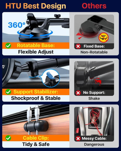 HTU for MagSafe Car Phone Mount Magnetic Phone Holder for Windshield Vent Dashboard Magnetic Suction Phone Mount for iPhone 16/15/14/13/12 & Android (Black)