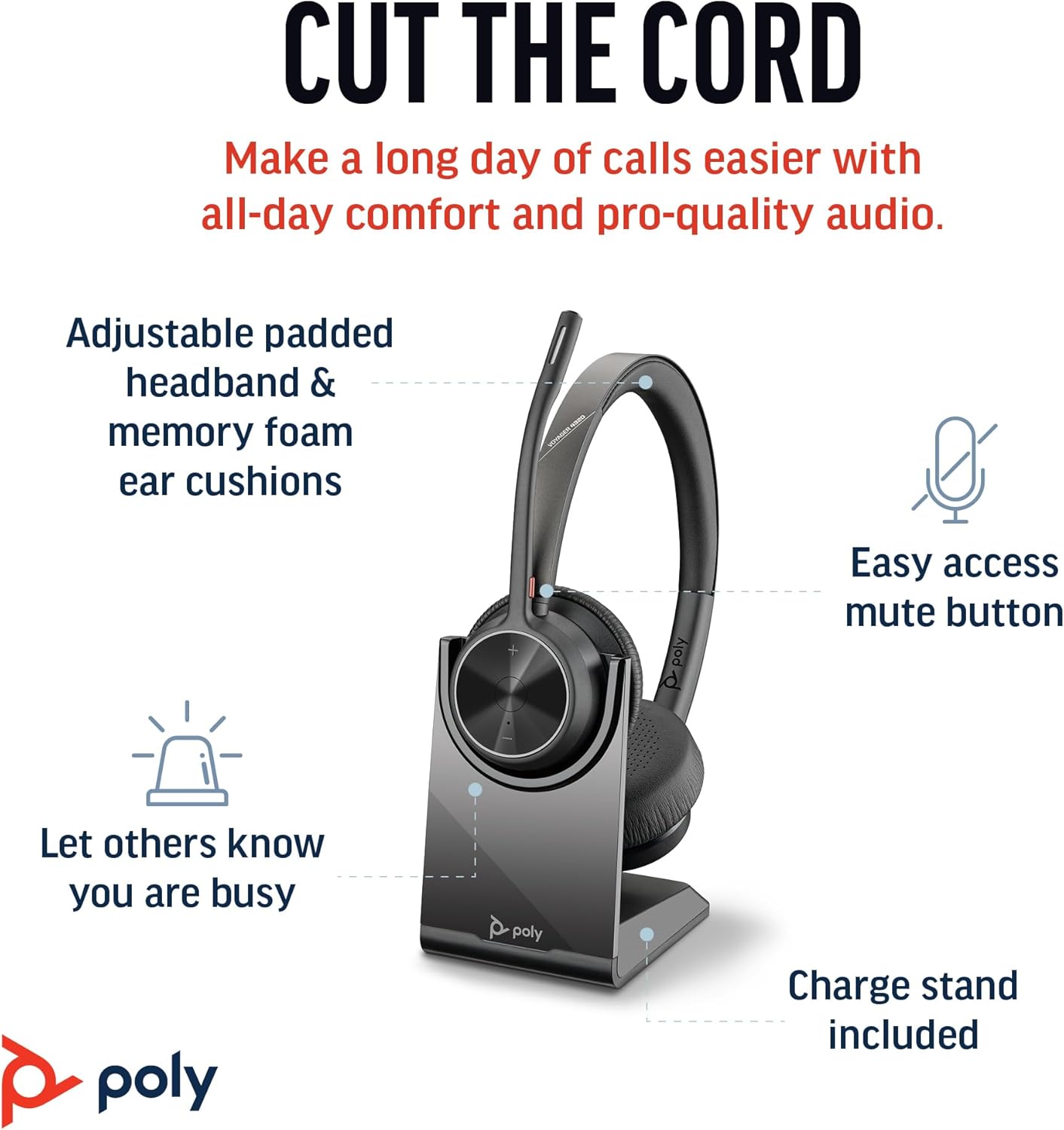 Poly Voyager 4320 UC Wireless Headset & Charge Stand (Plantronics) - Stereo Headphones w/Noise-Canceling Boom Mic - Connect PC/Mac/Mobile via Bluetooth - Works w/Teams, Zoom, & More - Amazon Exclusive