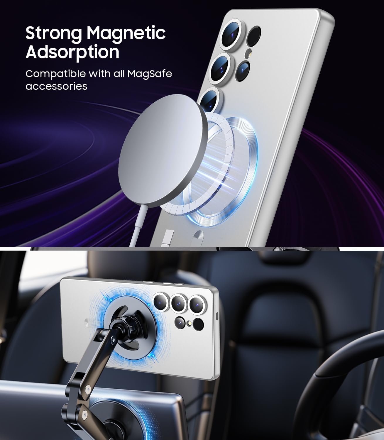 Magnetic for Samsung Galaxy S25 Ultra Case [Compatible with MagSafe][Built-in Camera Lens Protector] Slim Soft Silicone Bumper Shockproof Metallic Luster Phone Shell (Silver)