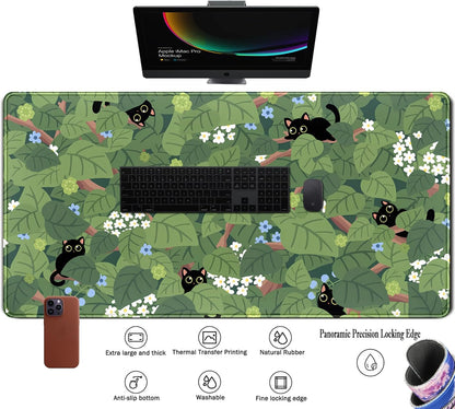 Kawaii Anime Aesthetic Black Cat Forest Plant Desk Mat, Green Sage XXL Large Extended Mouse Pad Gaming Cute Cats Desk pad, Laptop Keyboard and Mouse Mat for Women Desktop Office Decor 31.5x15.7 in