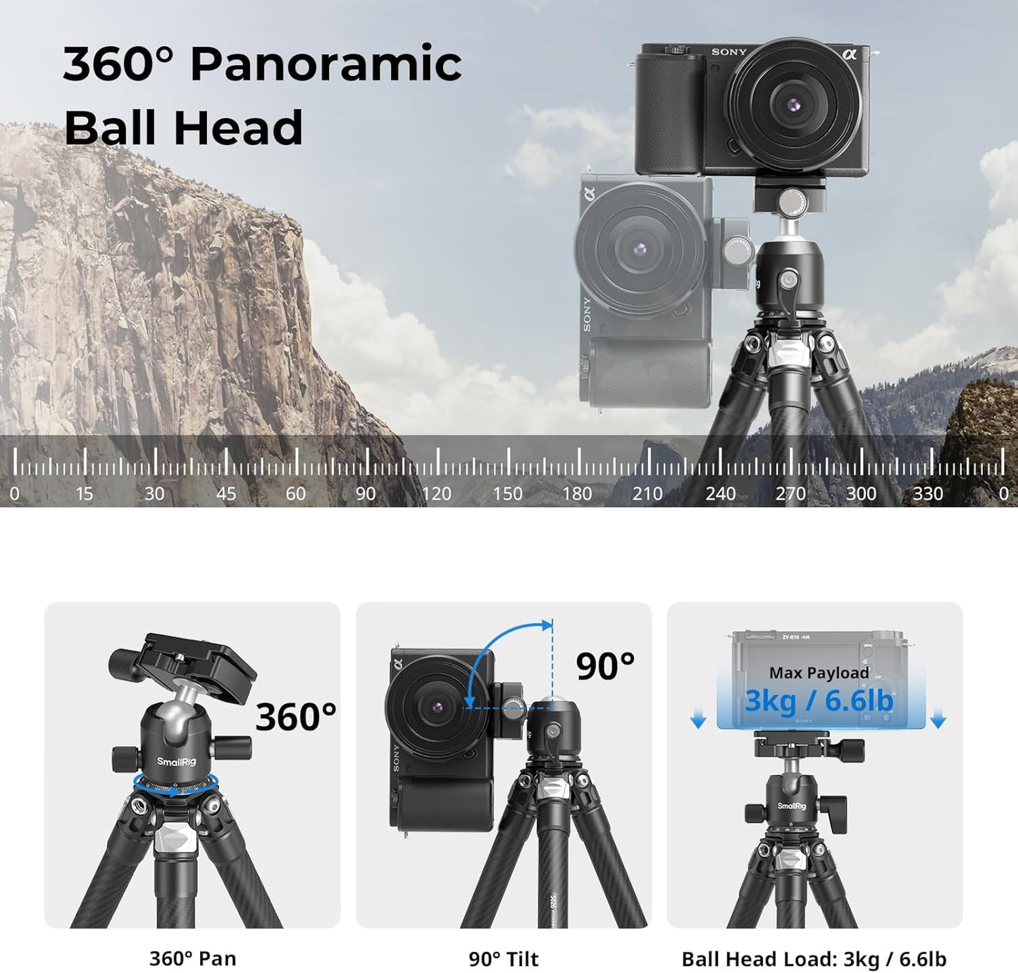 SmallRig Carbon Fiber Mini Desktop Tripod, 15.5'' / 39.5cm Compact Pocket Tabletop Tripod Kit with 360° Ball Head, Built-in QR Plate for Arca, Ball Head Capacity 3kg / 6.6lb for Cameras, DSLRs, Lenses