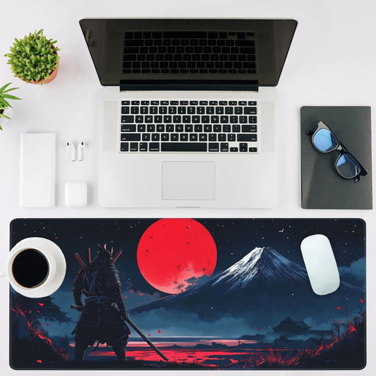 Mouse Pad Large Samurai and Red Moon Non-Slip Game Desk Mat with Stitched Edge Laptop Keyboard Desk Pad for Work Home Gaming (35.4 x 15.7 Inches)
