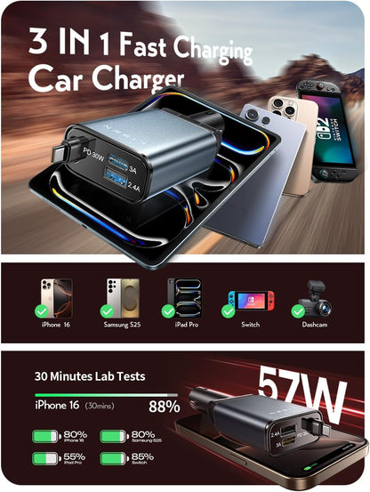 LISEN iPhone 16/15 Car Charger USB C Fast Charging Retractable,【60% Less Space,Mini】 57W Fast iPhone 16/15 USBC Type C Charger for 17 iPhone 16 15 Pro Max Plus，Samsung Galaxy S25/24 Z，Android