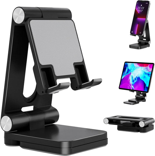 Folding Cell Phone Stand,Laptop Stand, Adjustable Height and Angle Foldable Cell Phone Stand Holder for Desk, Taller iPhone Stand Compatible with 4-11" Smartphones iPad Tablet Laptop (Black)