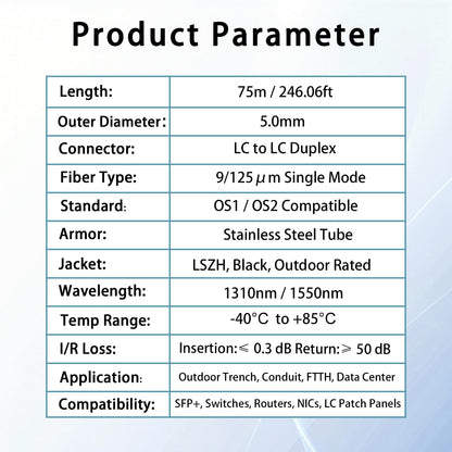 75M/246FT LC to LC Armored Outdoor Fiber Optic Cable, Single Mode Duplex 9/125μm SMF Fiber Patch Cord, OS1/OS2 Compatible, Black LSZH Jacket, Uniboot Jumper for FTTH, Data Center, Long-Distance Use