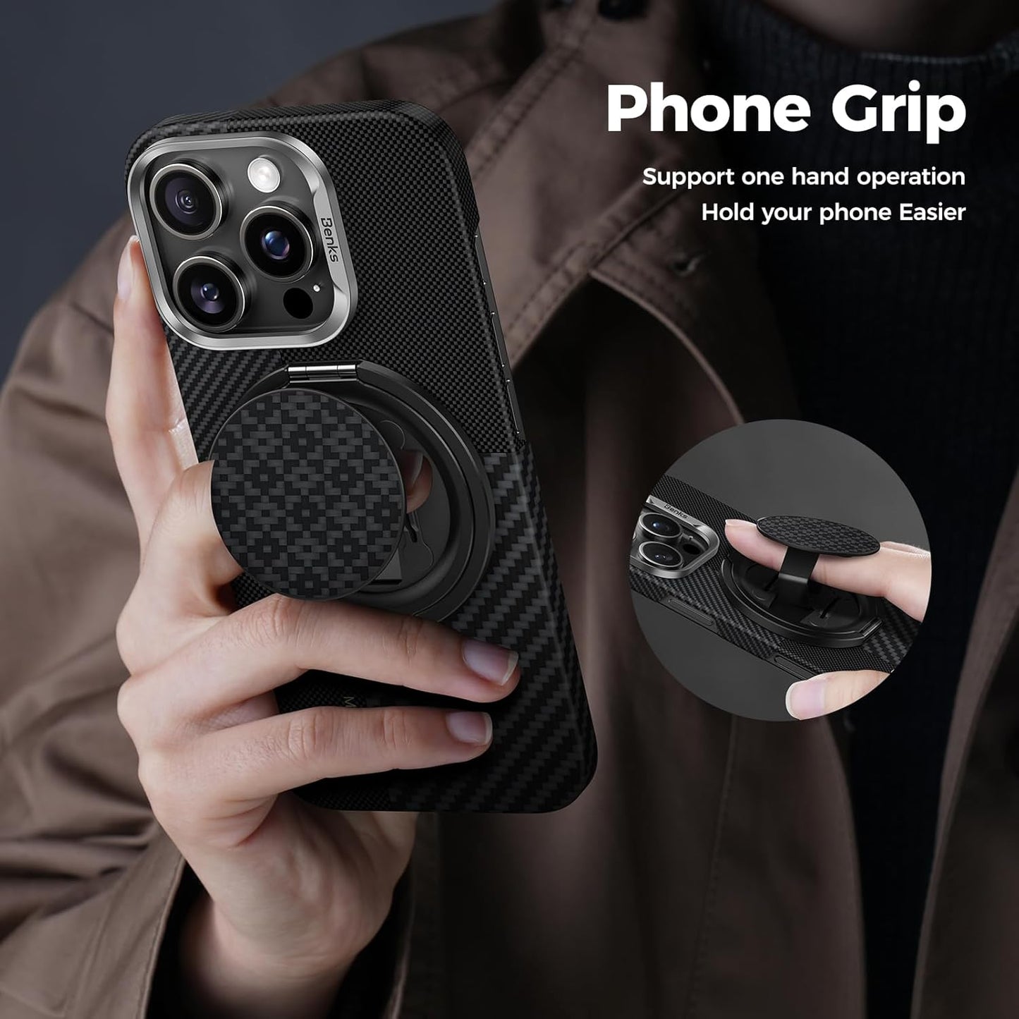 BENKS ArmorPop Magnetic Phone Grip & Stand for MagSafe, 360° Rotation Adjustable Phone Ring Holder for iPhone 17/16/15/14/13/12 Series, Durable Kevlar Design