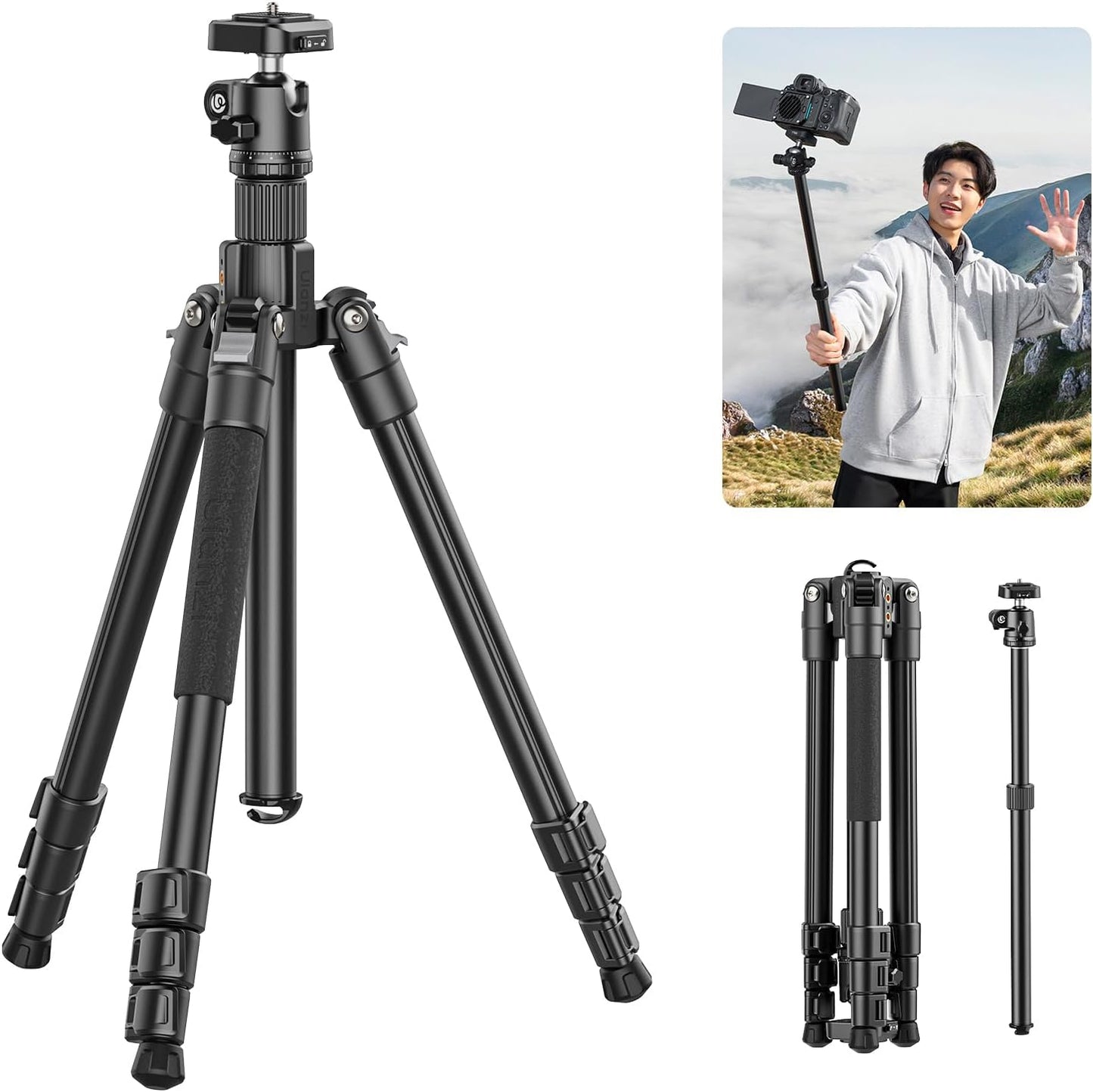 ULANZI TT53 Camera Tripod, 70.8” Travel Tripod for DSLR/Phone, Heavy Duty Fold Portable Stand with 360° Ball Head UKA Quick Release Plate, Lightweight Compact for Photography Vlogging Video Shooting