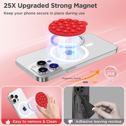Magnetic Suction Cup Phone Mount for MagSafe Case, Silicone Hands-Free Phone Grip Holder for iPhone and Android, Mirror Shower Phone Stand for Makeup FaceTime Gym Kitchen Bathroom, Red