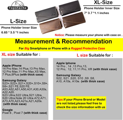 Topstache Leather Phone Holster with Belt Loop, Magnetic Closure Cell Pouch, Handmade Leather Holder for iPhone 14 Pro Max (Fits with Otterbox Case), XL, Black