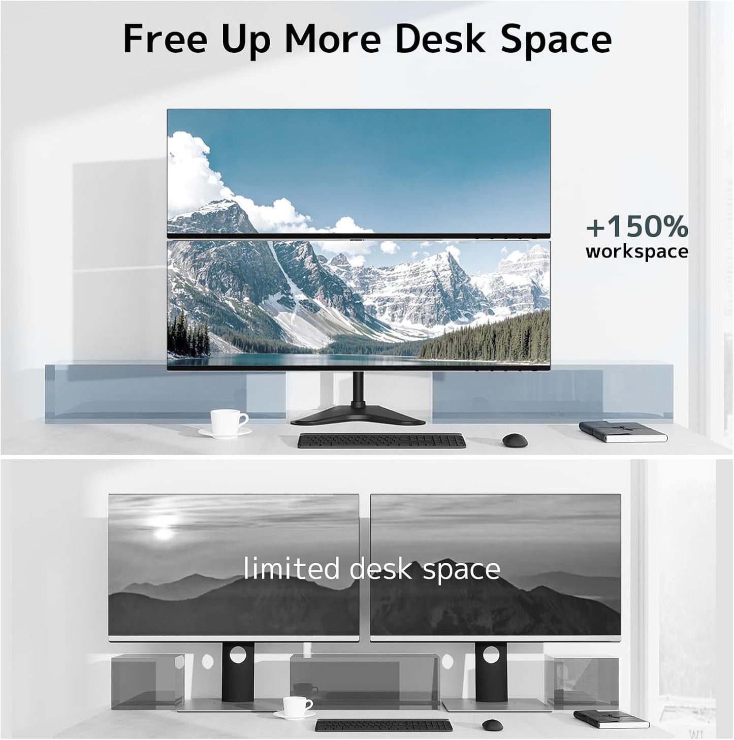 Dual Monitor Stand Heavy Duty - 17-49 inch Freestanding Vertical Dual Monitor Arm, Adjustable Stacked Double Monitor Desk Mount, Max Load 44 lbs (per Screen), VESA 75/100 mm, Black