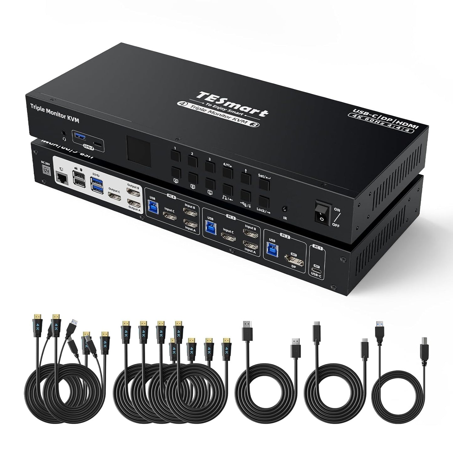 TESmart USB 3.0 HDMI+DP+USB C KVM Switch 3 Monitors 4 Computers 4K@60Hz, 4 Port Triple Monitor KVM Switch Built-in Docking Station, Headset,MST, EDID emulators, Hotkey Switch, Wired Network, Rack-Ears