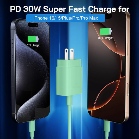 30W USB C i Phone 16 15 Charger Fast Charging, 2PACK Wall Charger for iPhone 16 15 Pro Max Charger Cord 10FT Fast Type C Charger Block for iPhone 16/16 Pro/15 Plus/15 Pro/15 Pro Max, iPad Pro, Green