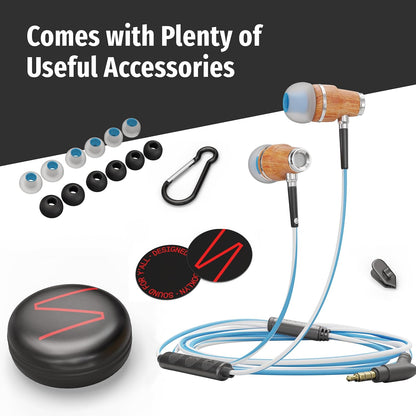 Symphonized NRG 3.0 Wired Earbuds with Microphone, Wooden Phone & Laptop Headphones, 90% Noise Cancelling Corded Earphones with 3.5mm Jack (Blue)