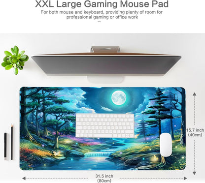 Lokigo Desk Pad, Extended Large Gaming Mouse Pad, Waterproof Starry Night Mouse Pad for Desk Rubber Base with Stitched Edges DeskMatt for Games Laptop Home Decor 31.5"x15.7", Forest Butterfly
