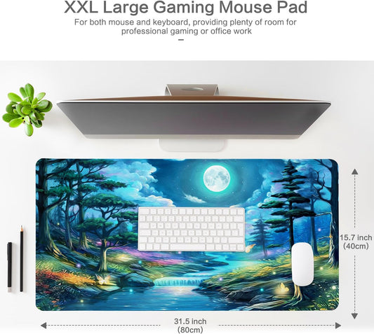 Lokigo Desk Pad, Extended Large Gaming Mouse Pad, Waterproof Starry Night Mouse Pad for Desk Rubber Base with Stitched Edges DeskMatt for Games Laptop Home Decor 31.5"x15.7", Forest Butterfly