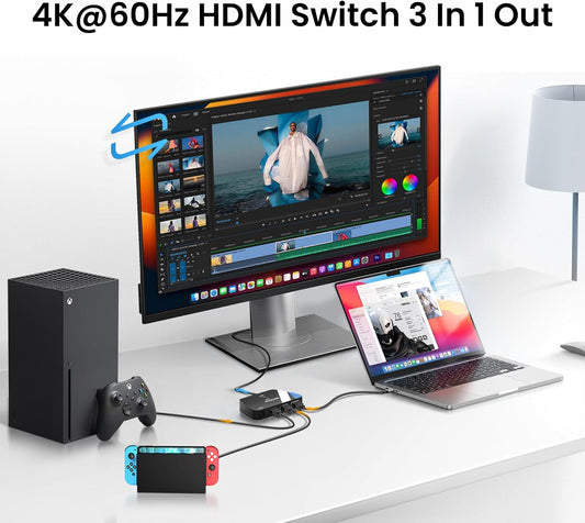 NEWCARE HDMI Switch 3 in 1 Out, 4K@60Hz HDMI Splitter with Remote, HDMI Switcher Support HDCP2.2 Dolby HDR10+ VRR 3D, Compatible with TV PS5/4 Xbox Laptops PC Projector Blu-ray Player
