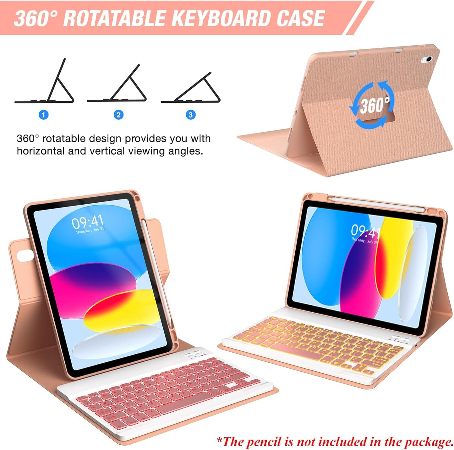 BLUTLOTUS Keyboard Case for iPad 10th Generation 2022 10.9 inch,360° Rotatable Keyboard Case with Pencil Holder, 7 Color Backlit Detachable Bluetooth Keyboard,Smart Folio Tablet Cover (Rose Gold)