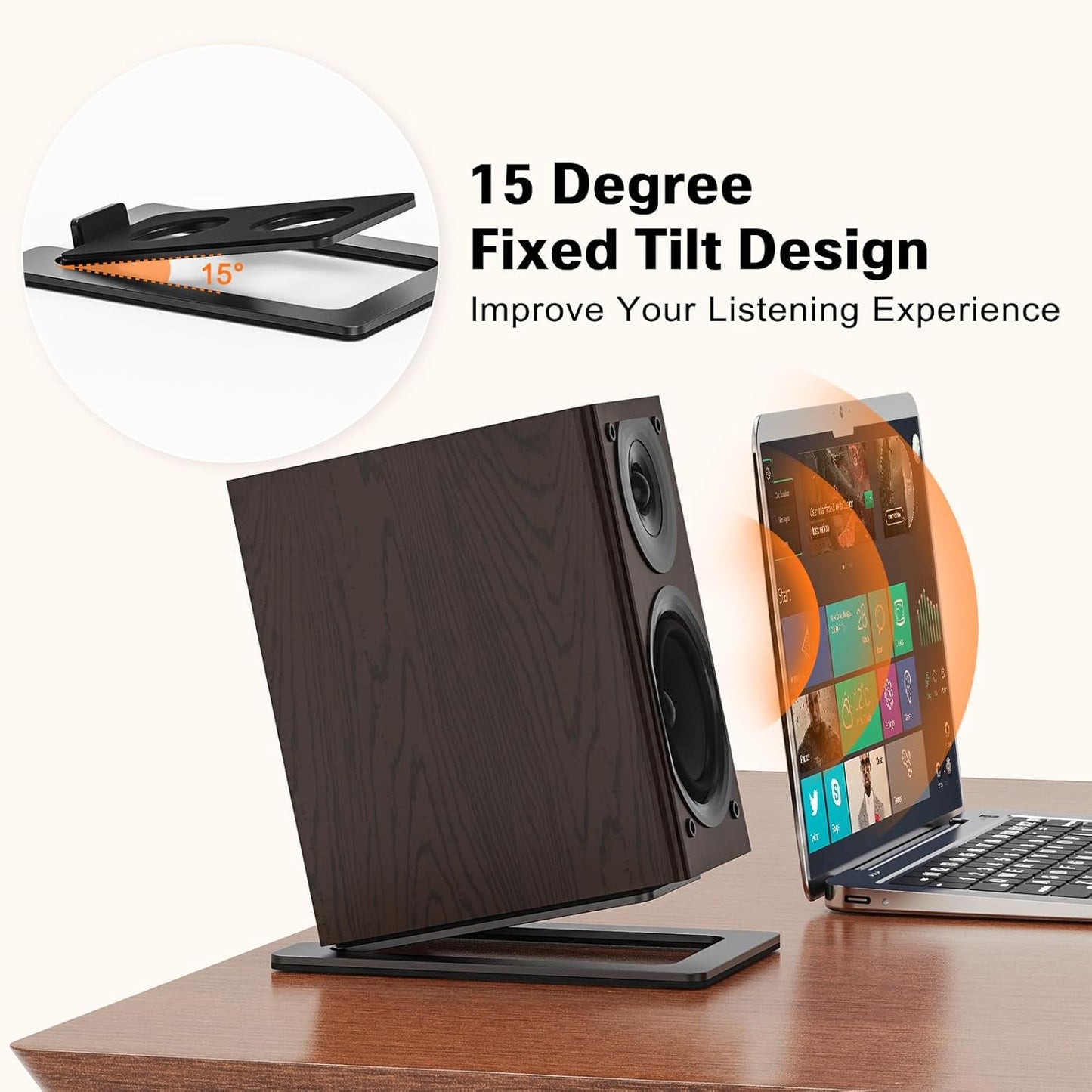 Metal Desktop Speaker Stands Pair, 15° Tilted Steel Tabletop Bookshelf Speaker Wedge with Damping Foam Pads for Small Medium Speakers, Suitable for PC, Gaming, and Studio