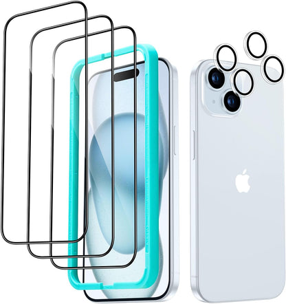 ESR 3+2 Pack for iPhone 15 Plus Screen Protector, 3 Black Edge Tempered-Glass Film and 2 Set Camera Lens Protector, 2.5D Curved Edges, Full-Coverage Military-Grade Protection, Scratch Resistant