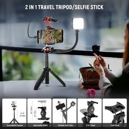 NEEWER Phone Vlogging Kit, Content Creator Essentials Kit for YouTube with LED Light, Selfie Stick Travel Tripod, Flexible Soft Tube, USB C Cardioid Microphone for iPhone, Android, Podcast, PA045