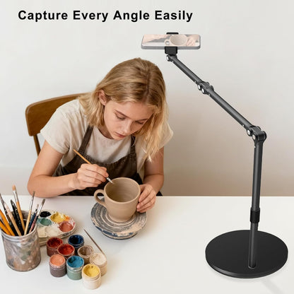 Overhead Phone Mount for Desk, 17" Long Arm Adjustable iPhone Holder, Heavy Duty Rotatable Stand for Video Recording, Live Streaming, Crafting, Cooking