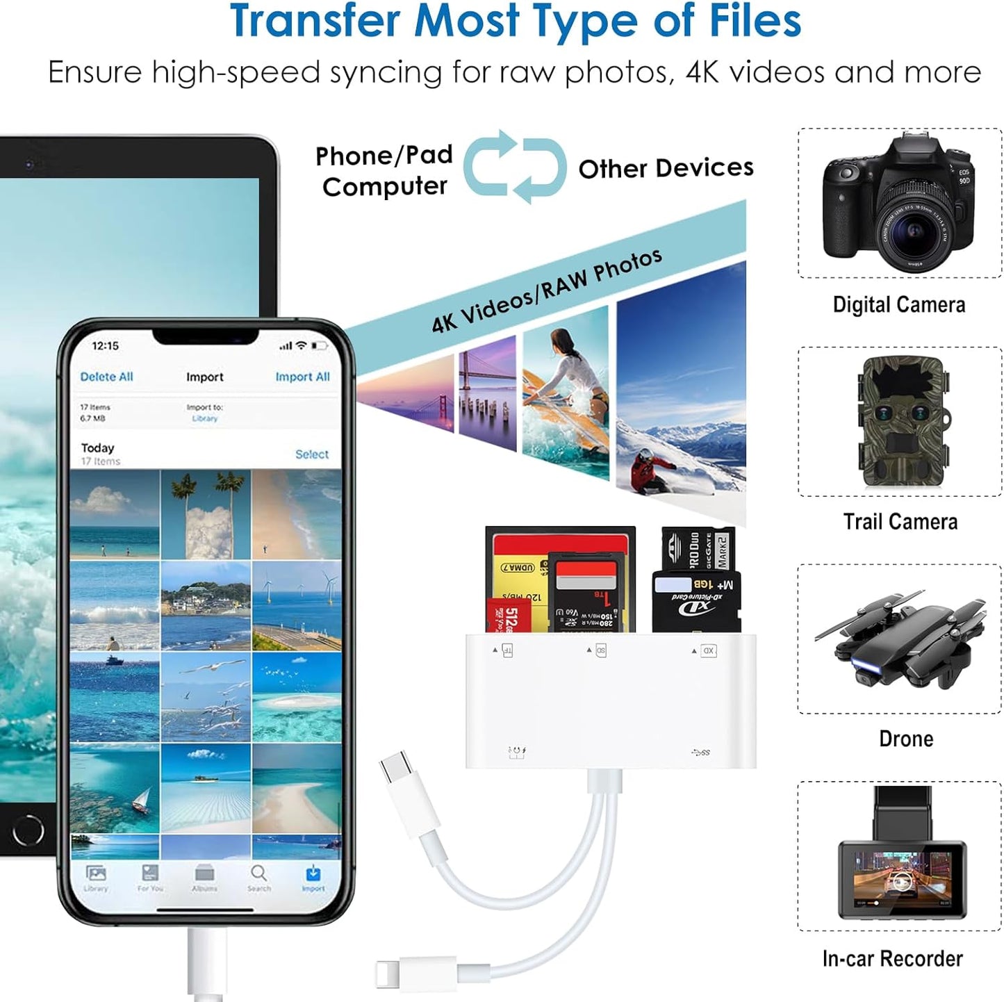 9-in-1 Memory Card Reader Universal Card Reader for iPhone/iPad, CF/SD/MicroSD/MS/XD Card Reader & USB OTG Adapter with USB/USB-C/Lightening Connector for iPhone 16/iPad Pro/Samsung Galaxy/MacBook etc