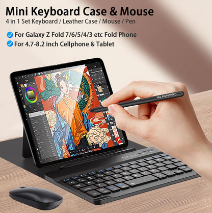 for Samsung Galaxy Z Fold 7 6 5 Keyboard and Mouse, Portable Mini 7.9 inch Bluetooth Keyboard with Leather Stand Case and Pen, 4 in 1 Travel Set for Z Fold7 6 Accessories,Black