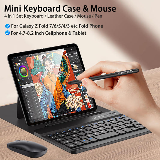 for Samsung Galaxy Z Fold 7 6 5 Keyboard and Mouse, Portable Mini 7.9 inch Bluetooth Keyboard with Leather Stand Case and Pen, 4 in 1 Travel Set for Z Fold7 6 Accessories,Black
