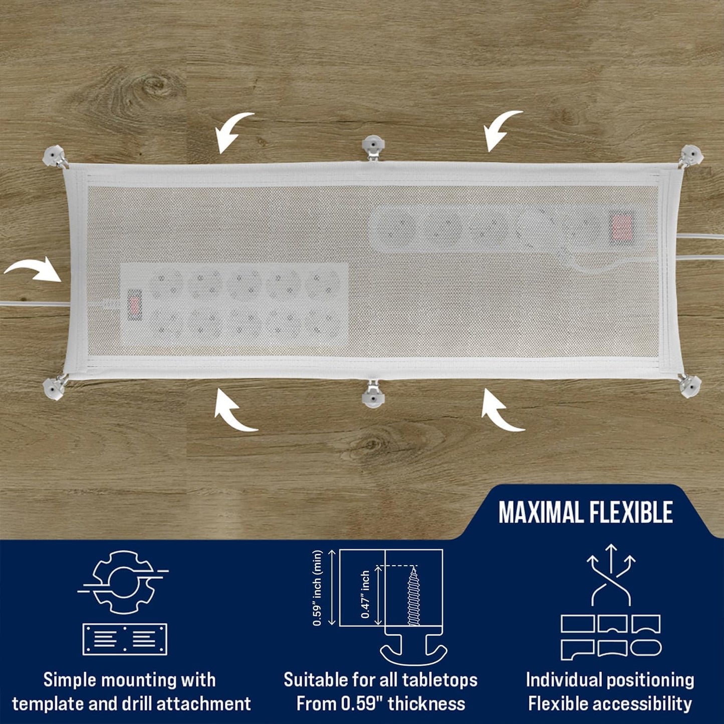 Cable Management net - Under Desk Wire Management - Flexible Under Desk Cable Management Tray White