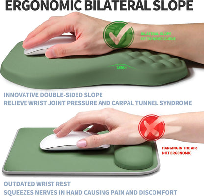 Ergonomic Raised Mouse Pad Wrist Support with Bilateral Slope Memory Foam Mousepad for Wrist Rest and Carpal Tunnel Pain Relief 11.8x7.9〃 Green