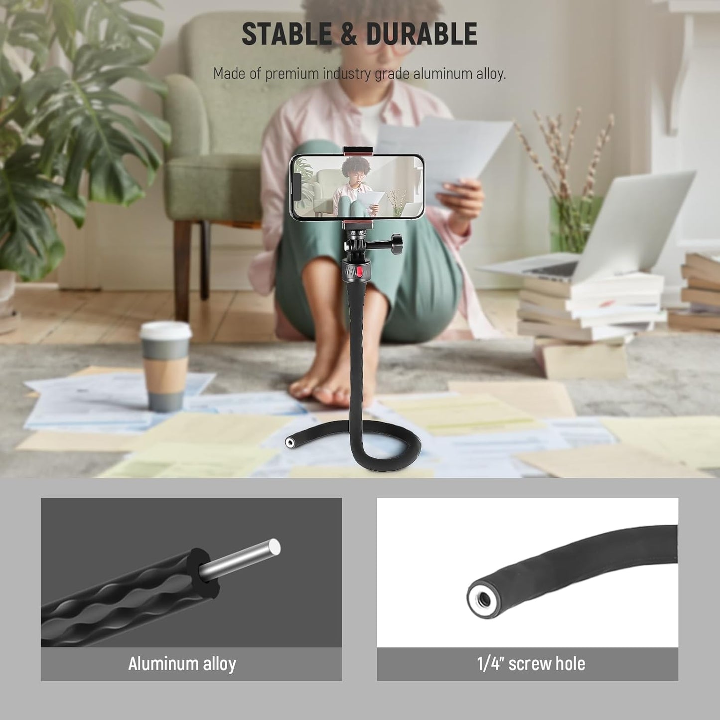 NEEWER Flexible Phone Holder with Magnetic Quick Release Camera Mount Compatible with Insta360 DJI Action 4 iPhone, Bendable Selfie Stick for Shopping Cart/Stroller/Treadmill/Gym, GP-17