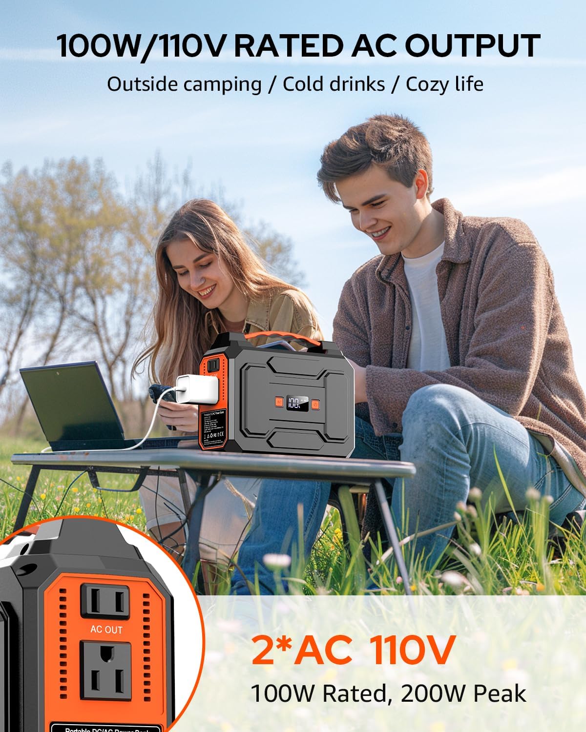 Apowking Portable Power Station Bank 200W Peak(100W Rated),146Wh Solar Powered Power Bank with 2 AC Outlet 110V,39600mAh Power Bank Lithium Battery Pack for Home Outdoor Camping Emergency