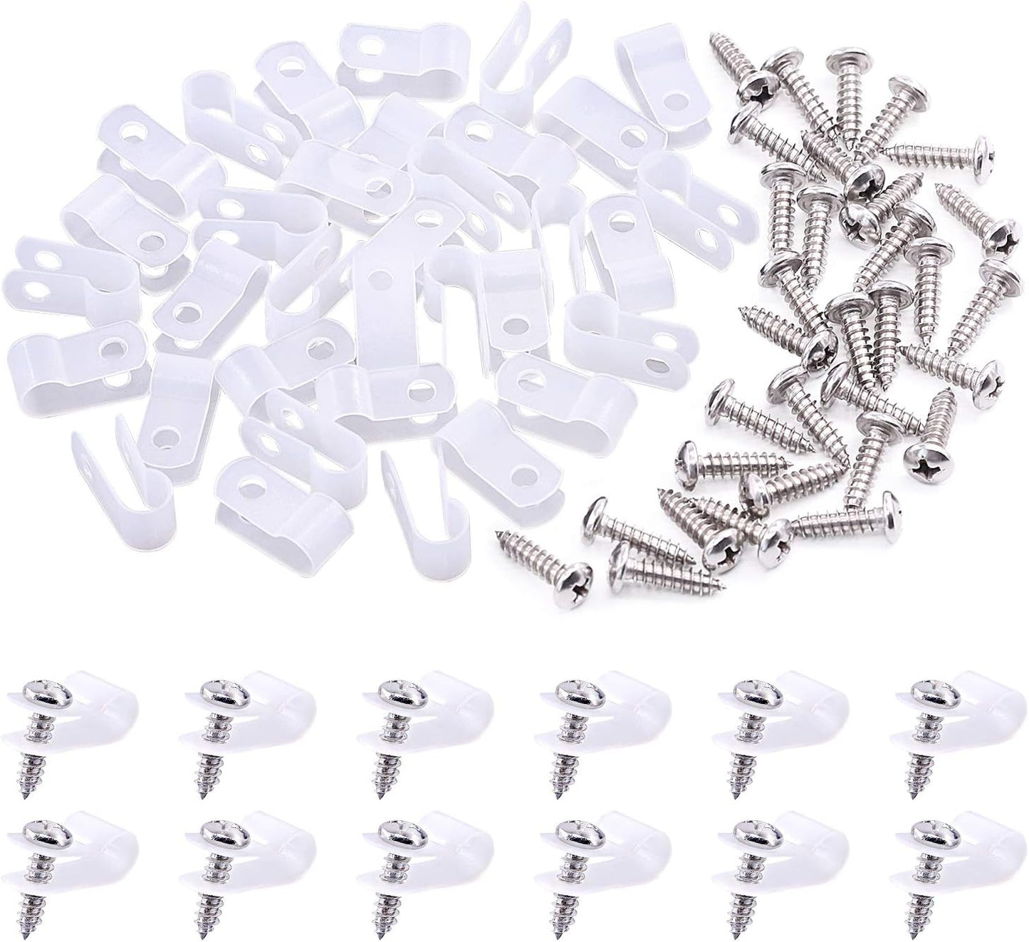 Swpeet 120 Pack White 1/4 Inch Nylon Plastic R-Type Cable Clips Clamp Kit, Nylon Screw Mounting Cord Fastener Clips with 120 Pack Screws for Wire Management (1/4 Inch, White)