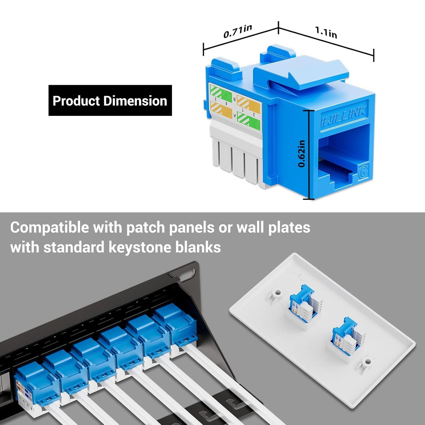 Iwillink 10Gbps Cat6 Keystone Jack 10-Pack, RJ45 90-Degree Ethernet Coupler, Punch Down Adapter (Blue)