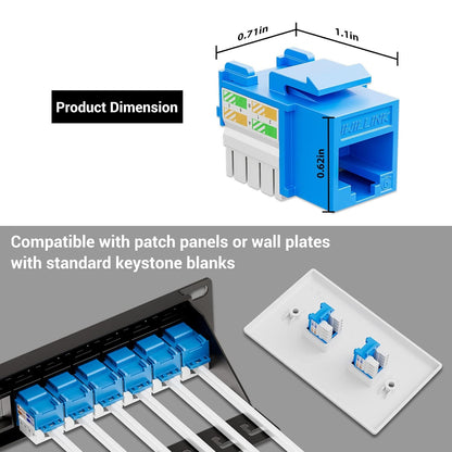 Iwillink 10Gbps Cat6 Keystone Jack 10-Pack, RJ45 90-Degree Ethernet Coupler, Punch Down Adapter (Blue)