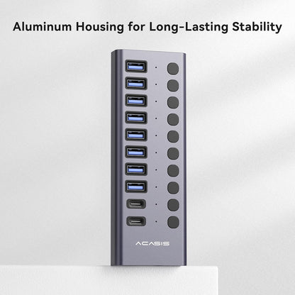 ACASIS 10 Ports 60W USB C 3.2 Hub, 10Gpbs Data Transfer, 20V/3A Power Adapter, Individual On/Off Switches, Aluminum Housing, USB Splitter for PC, Computer, Laptop, Mobile HDD, Flash Drive