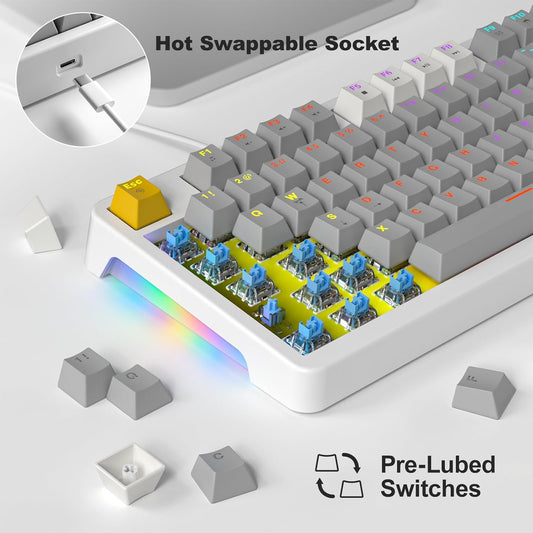 AK96 Smart Mechanical Keyboard Gaming, 96 Keys Full Size with LED Colorful Backlit, Clicky Creamy Sounding, USB Wired Computer Keyboard with Volume Knob for PC, Mac, Windows(Grey)