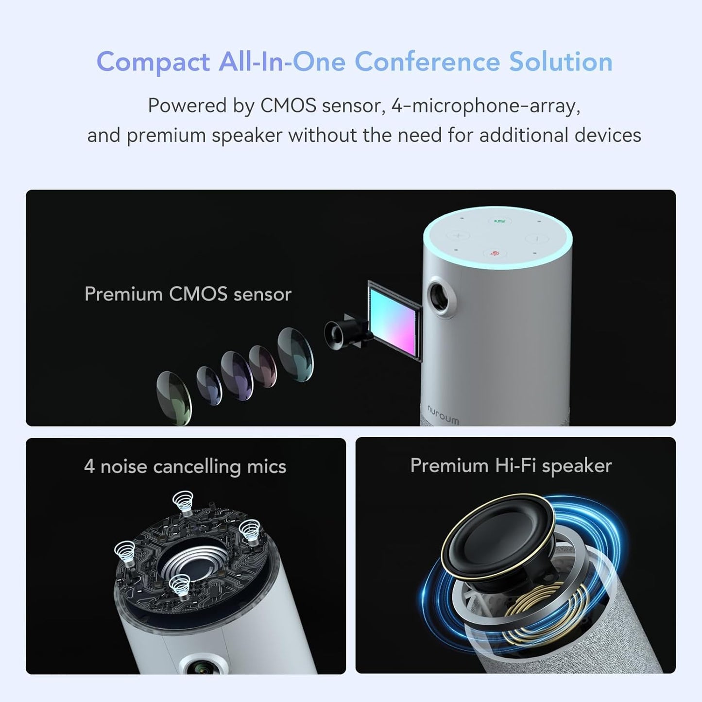 NUROUM C10(2nd Gen) 1080P Conference Webcam with Microphone Speaker, Portable All in One Computer Camera for Video Conference, AI Noise Cancellation & AGC, USB Plug&Play for PC/Desktop Zoom/Teams